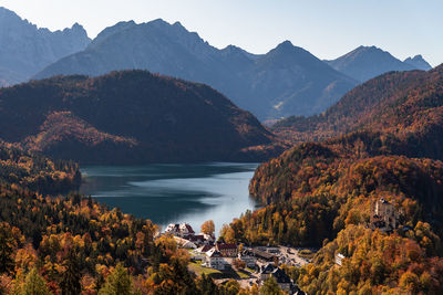 Scenic view of lake and mountains against sky