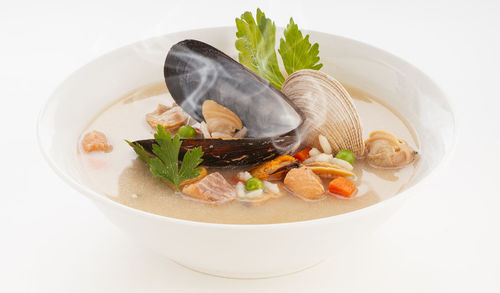 Close-up of soup in bowl on table