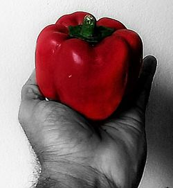 Close-up of man holding red fruit