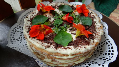 High angle view of dessert in plate on table