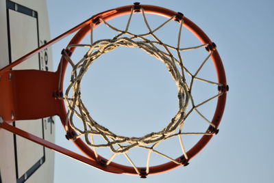 Directly below shot of basketball hoop against clear sky