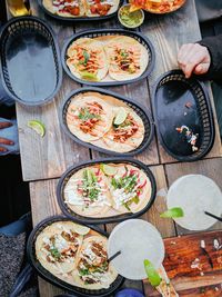 High angle view of pizza on table