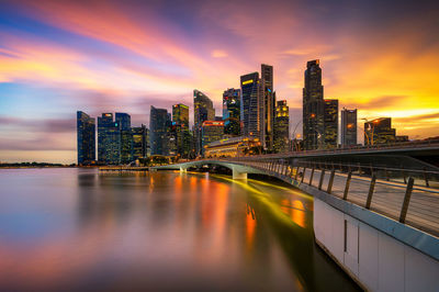 Illuminated buildings in city at sunset