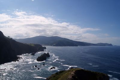 Scenic view of sea and mountains against sky