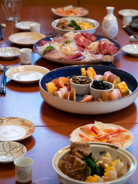 High angle view of food served on table