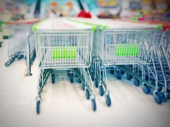 Close-up of shopping carts at supermarket