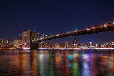 Suspension bridge over river at night