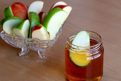 High angle view of fruits in glass on table