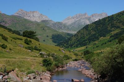 Scenic view of river amidst mountains against sky