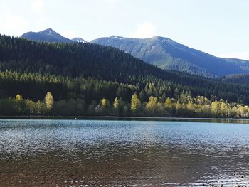 Scenic view of lake by mountains against sky