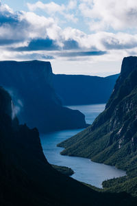 Scenic view of sea and mountains against sky