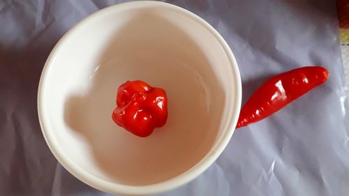 High angle view of strawberries in bowl on table