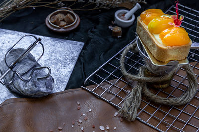 High angle view of breakfast on table