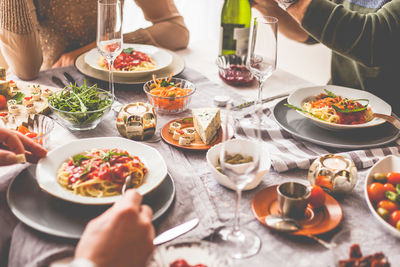 High angle view of people having food