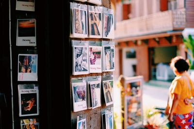 Close-up of postcards for sale