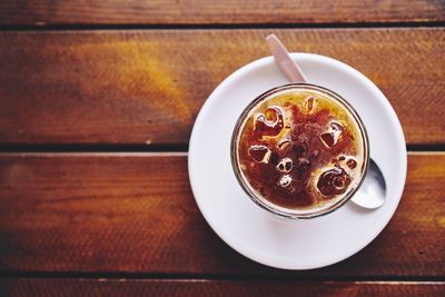 Close-up of dessert served on table