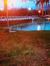 Scenic view of illuminated park against sky at night