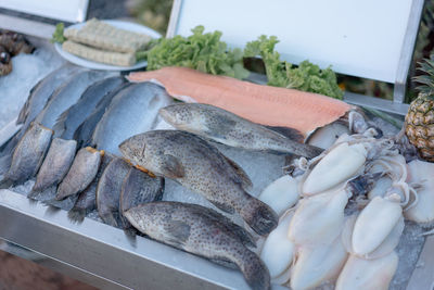 High angle view of fish for sale in market