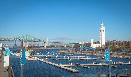 Bridge over river against clear blue sky