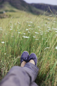 Low section of person standing on grassy field