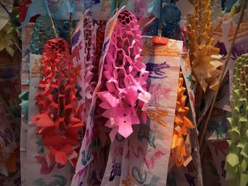 Close-up of pink flowers hanging in market for sale
