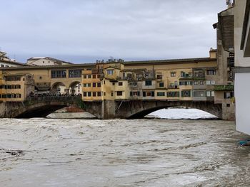 Bridge over river by buildings in city against sky