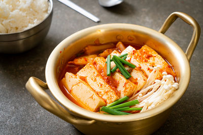 Close-up of soup in bowl on table