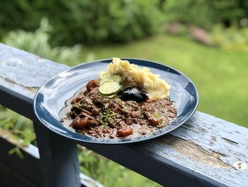 A blue plate of food on an old wooden log in the woods 