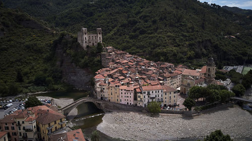 High angle view of buildings in town