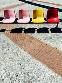 High angle view of empty seats in row