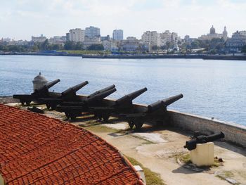 Scenic view of river by buildings in city against sky