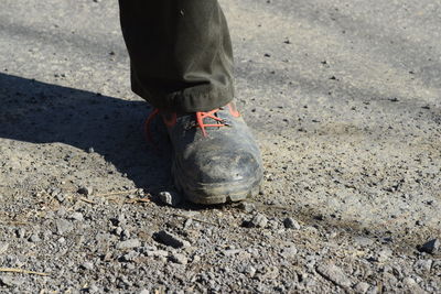 Low section of man standing on sand