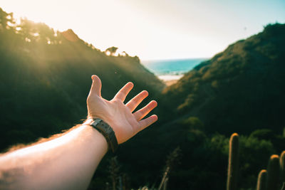 Cropped hand of man gesturing by mountains against sky