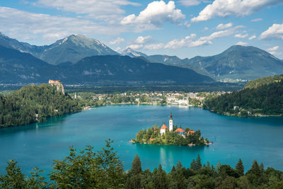 Scenic view of lake and mountains against sky