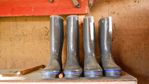 Close-up of rubber boots at construction site