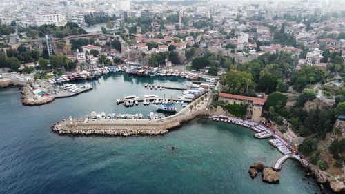 High angle view of boats in sea