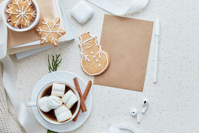 High angle view of christmas decorations on table