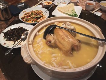 High angle view of soup in bowl on table