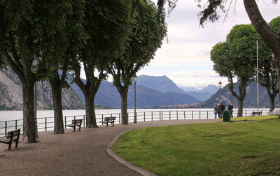 Scenic view of trees and mountains against sky