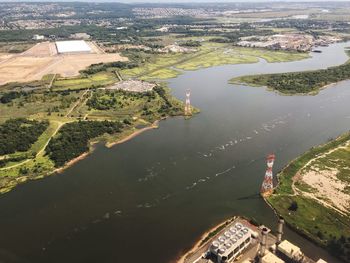 High angle view of river in town