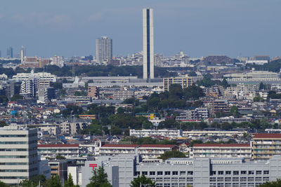 High angle view of buildings against clear sky