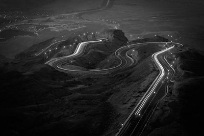 High angle view of winding road at night