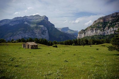 Scenic view of field and mountains against sky