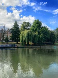 Scenic view of lake against trees in park against cloudy sky