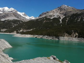 Scenic view of lake and snowcapped mountains against blue sky