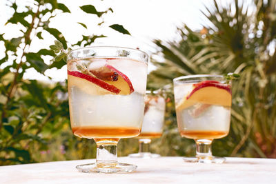 Fresh and healthy cocktail or mocktail with apple, ice, cinnamon and herbs. refreshing summer drink