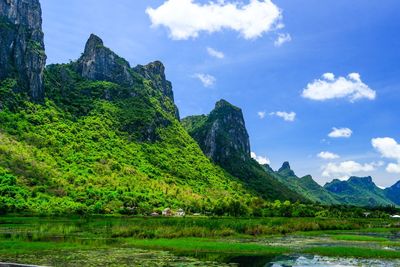 Scenic view of lake and mountains against sky