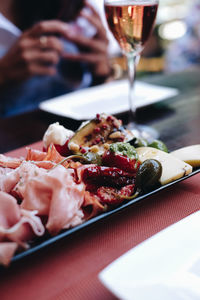 Close-up of food in tray on table in restaurant