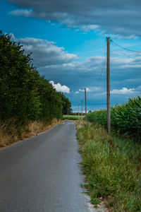 Empty road amidst trees against sky