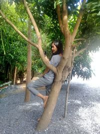 Young man sitting on tree trunk